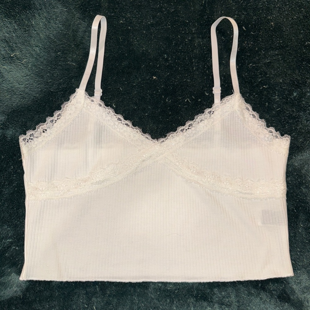 White Lace Trim Cropped Cami Top | Ribbed Bralette Tank | Soft & Stretchy